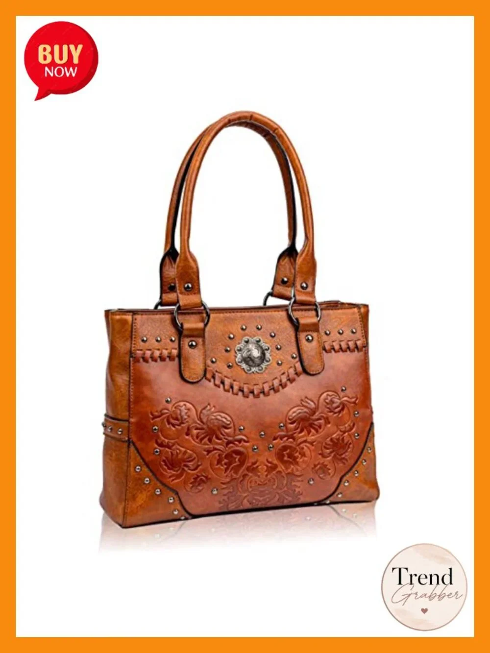 Tote Handbag Western Embossed Flower Studs Faux Leather Top Handle